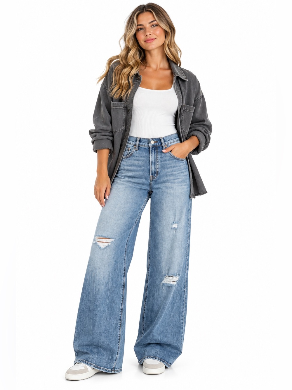 Express 10R High Rise Wide Leg Jeans Distressed Medium Wash Full Length